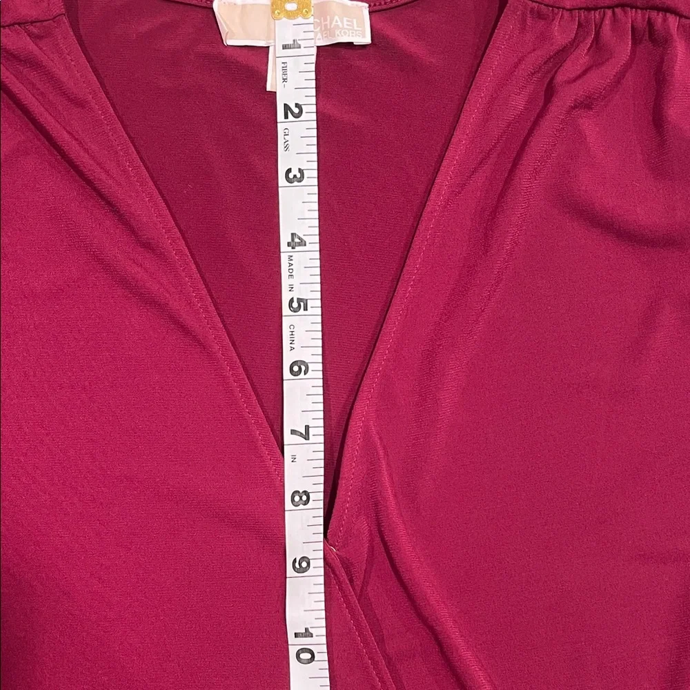 Michael Kors Maroon Red Long Sleeve Wrap Top Blouse Size Medium Gold Accent